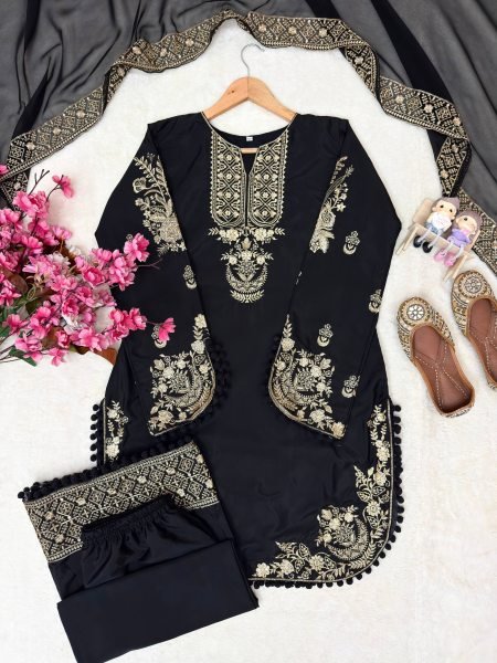 Exclusive Black French Crepe 3 Piece Suit Set with Heavy Zari Embroidery For Festival Ready To Wear Collection