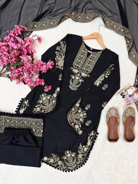 Exclusive Black French Crepe 3 Piece Suit Set with Heavy Zari Embroidery For Festival Ready To Wear Collection