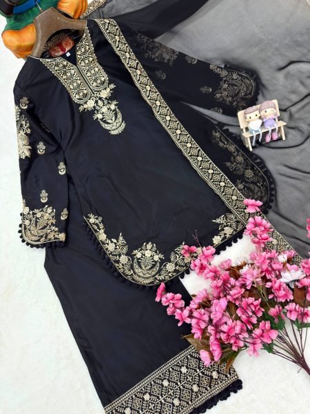 Exclusive Black French Crepe 3 Piece Suit Set with Heavy Zari Embroidery For Festival Ready To Wear Collection
