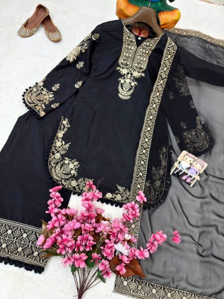 Exclusive Black French Crepe 3 Piece Suit Set with Heavy Zari Embroidery For Festival Ready To Wear Collection