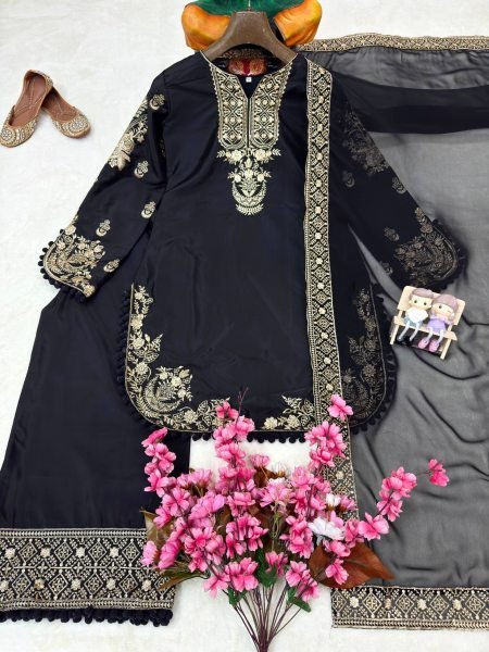 Exclusive Black French Crepe 3 Piece Suit Set with Heavy Zari Embroidery For Festival Ready To Wear Collection
