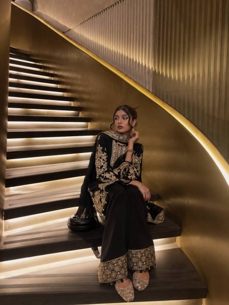 Exclusive Black French Crepe 3 Piece Suit Set with Heavy Zari Embroidery For Festival Ready To Wear Collection