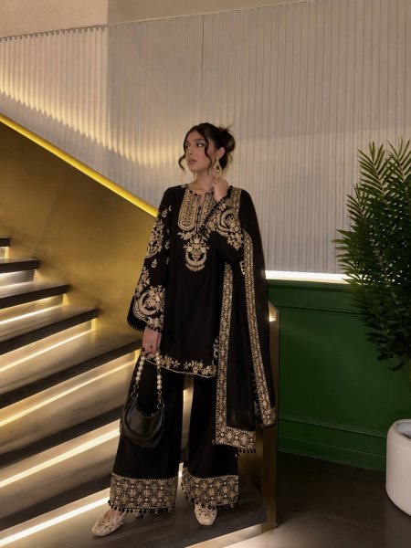 Exclusive Black French Crepe 3 Piece Suit Set with Heavy Zari Embroidery For Festival Ready To Wear Collection