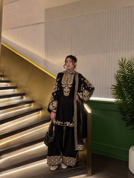 Exclusive Black French Crepe 3 Piece Suit Set with Heavy Zari Embroidery For Festival Ready To Wear Collection