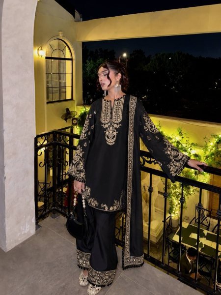 Exclusive Black French Crepe 3 Piece Suit Set with Heavy Zari Embroidery For Festival Ready To Wear Collection