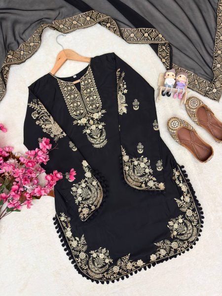 Exclusive Black French Crepe 3 Piece Suit Set with Heavy Zari Embroidery For Festival Ready To Wear Collection