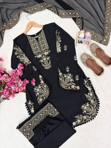Exclusive Black French Crepe 3 Piece Suit Set with Heavy Zari Embroidery For Festival Ready To Wear Collection