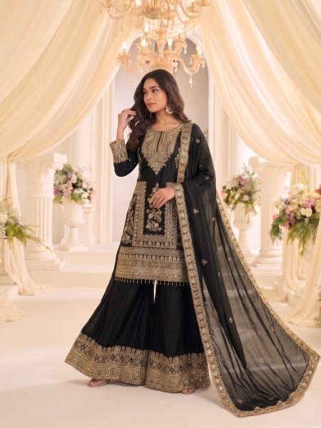 Exclusive Black Heavy Chinon Embroidered Kurti with Flared Sharara and Designer Dupatta 