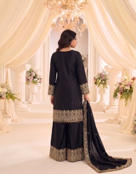 Exclusive Black Heavy Chinon Embroidered Kurti with Flared Sharara and Designer Dupatta Designer Plazzo Salwar Suits Wholesale