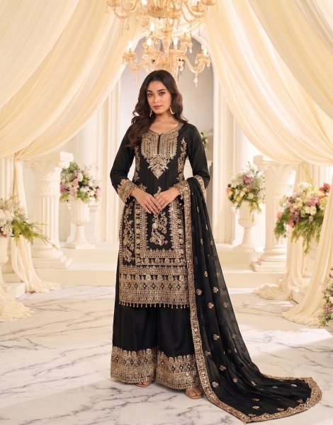 Exclusive Black Heavy Chinon Embroidered Kurti with Flared Sharara and Designer Dupatta Designer Plazzo Salwar Suits Wholesale