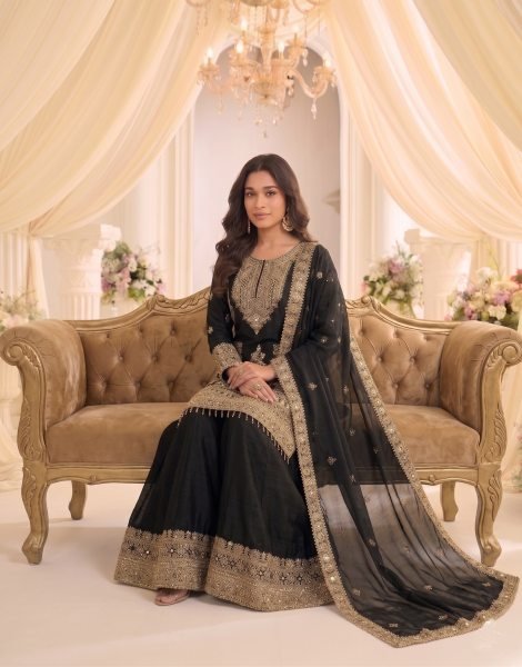 Exclusive Black Heavy Chinon Embroidered Kurti with Flared Sharara and Designer Dupatta Designer Plazzo Salwar Suits Wholesale