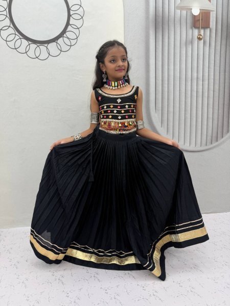 Exclusive Black Kids Pure Cotton Navratri Lehenga Choli with Mirror Handwork Kurtis