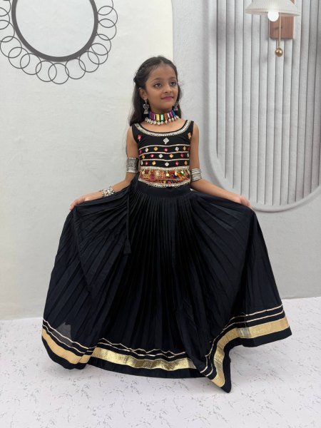 Exclusive Black Kids Pure Cotton Navratri Lehenga Choli with Mirror Handwork Girls Wear