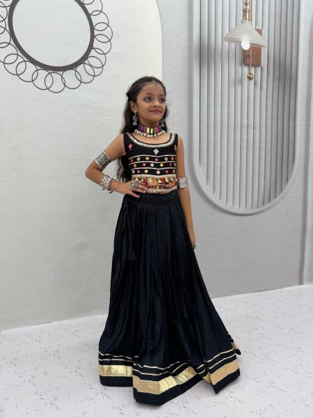 Exclusive Black Kids Pure Cotton Navratri Lehenga Choli with Mirror Handwork Girls Wear