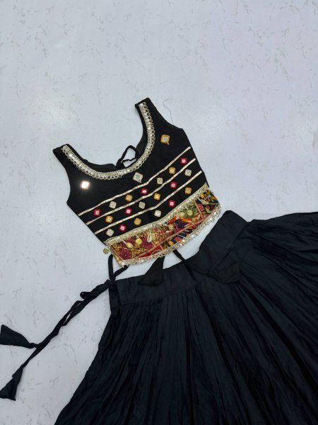 Exclusive Black Kids Pure Cotton Navratri Lehenga Choli with Mirror Handwork Girls Wear