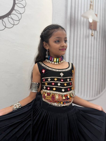Exclusive Black Kids Pure Cotton Navratri Lehenga Choli with Mirror Handwork Girls Wear