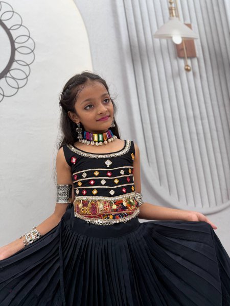 Exclusive Black Kids Pure Cotton Navratri Lehenga Choli with Mirror Handwork Girls Wear
