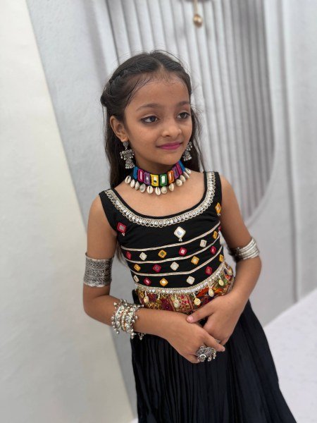 Exclusive Black Kids Pure Cotton Navratri Lehenga Choli with Mirror Handwork Girls Wear