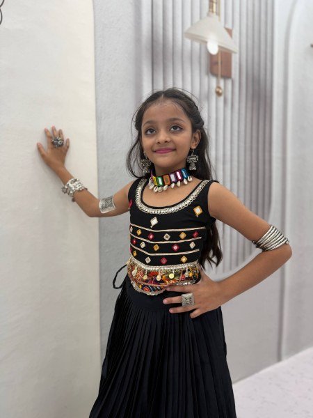 Exclusive Black Kids Pure Cotton Navratri Lehenga Choli with Mirror Handwork Girls Wear