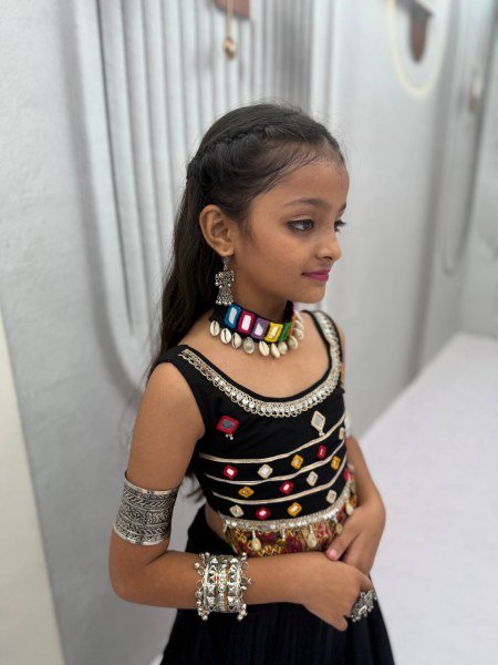 Exclusive Black Kids Pure Cotton Navratri Lehenga Choli with Mirror Handwork Girls Wear