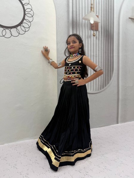 Exclusive Black Kids Pure Cotton Navratri Lehenga Choli with Mirror Handwork Girls Wear