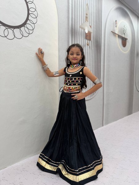 Exclusive Black Kids Pure Cotton Navratri Lehenga Choli with Mirror Handwork Girls Wear