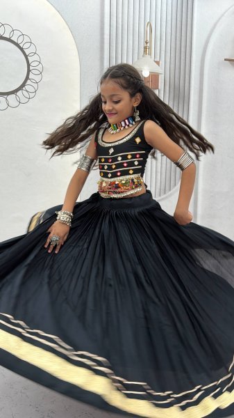 Exclusive Black Kids Pure Cotton Navratri Lehenga Choli with Mirror Handwork Girls Wear