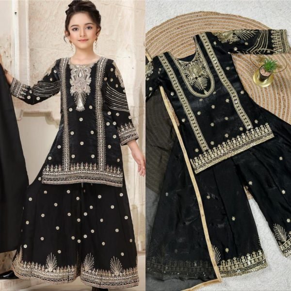 Designer Black Kids Suit Set with Sequins Embroidery for Party Wear Girls Wear