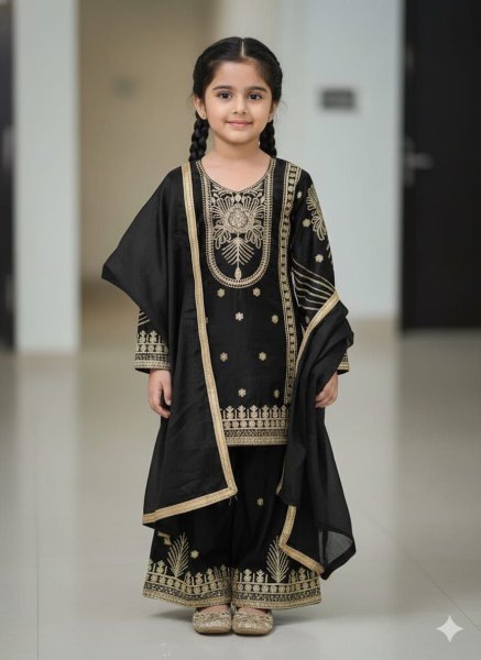 Designer Black Kids Suit Set with Sequins Embroidery for Party Wear Girls Wear