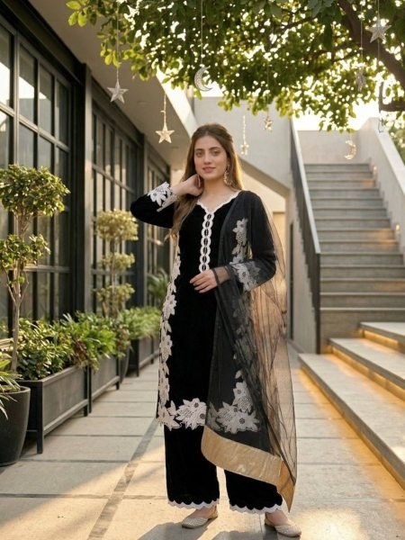 Exclusive Black Natural Silk Embroidered Palazzo Suit Set for Wedding Wear Ready To Wear Suit