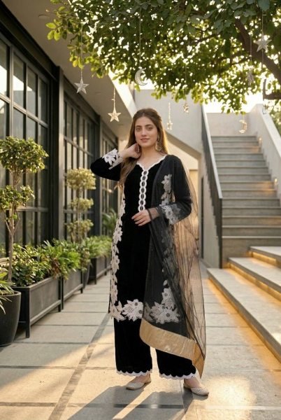 Exclusive Black Natural Silk Embroidered Palazzo Suit Set for Wedding Wear Ready To Wear Collection
