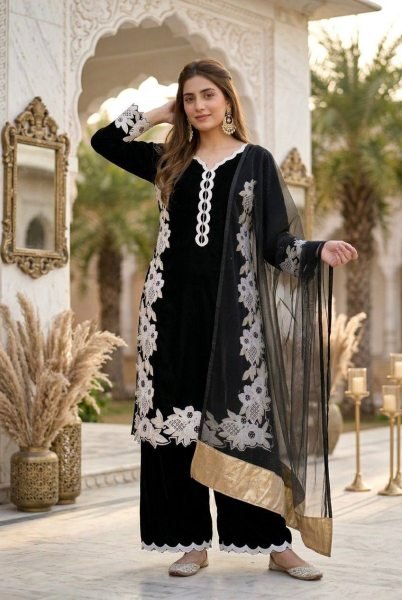 Exclusive Black Natural Silk Embroidered Palazzo Suit Set for Wedding Wear Ready To Wear Collection