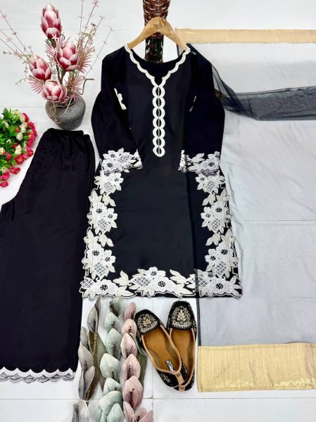 Exclusive Black Natural Silk Embroidered Palazzo Suit Set for Wedding Wear Ready To Wear Collection