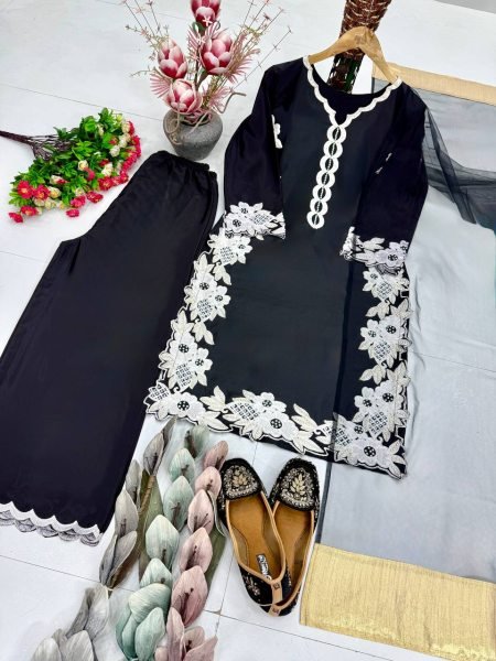 Exclusive Black Natural Silk Embroidered Palazzo Suit Set for Wedding Wear Ready To Wear Collection