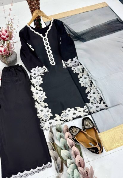 Exclusive Black Natural Silk Embroidered Palazzo Suit Set for Wedding Wear Ready To Wear Collection