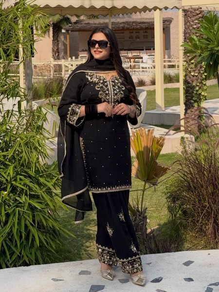 Exclusive Black Party Wear French Crepe Kurti Plazo with Sequin and Zari Embroidery Ready To Wear Suit