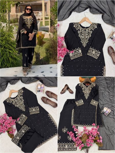 Exclusive Black Party Wear French Crepe Kurti Plazo with Sequin and Zari Embroidery Ready To Wear Collection
