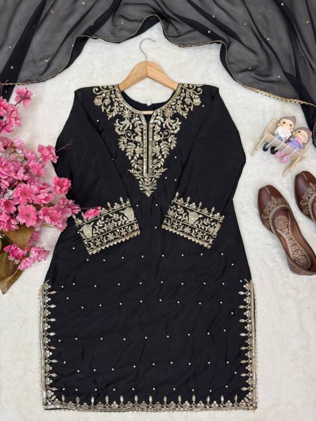 Exclusive Black Party Wear French Crepe Kurti Plazo with Sequin and Zari Embroidery Ready To Wear Collection