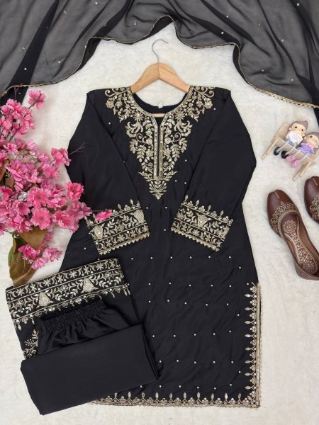 Exclusive Black Party Wear French Crepe Kurti Plazo with Sequin and Zari Embroidery Ready To Wear Collection