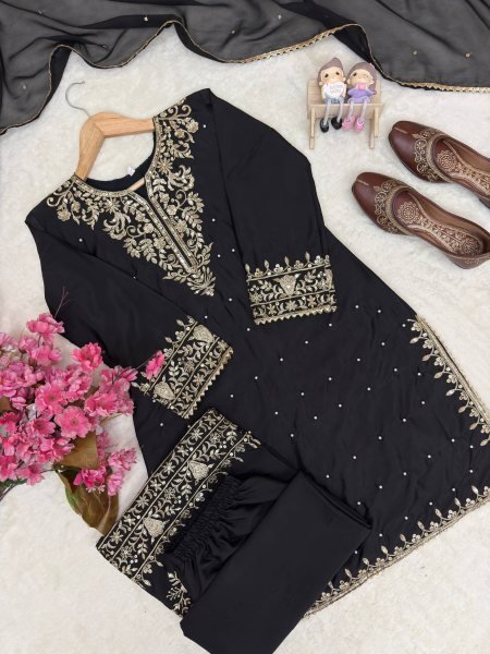 Exclusive Black Party Wear French Crepe Kurti Plazo with Sequin and Zari Embroidery Ready To Wear Collection