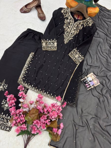 Exclusive Black Party Wear French Crepe Kurti Plazo with Sequin and Zari Embroidery Ready To Wear Collection