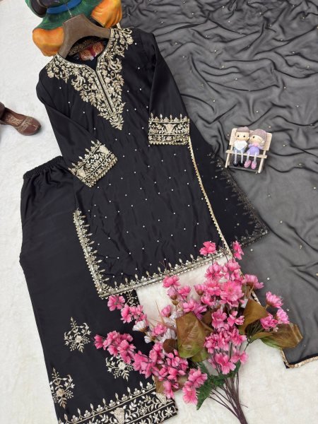 Exclusive Black Party Wear French Crepe Kurti Plazo with Sequin and Zari Embroidery Ready To Wear Collection