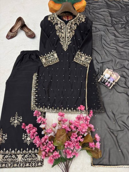Exclusive Black Party Wear French Crepe Kurti Plazo with Sequin and Zari Embroidery Ready To Wear Collection