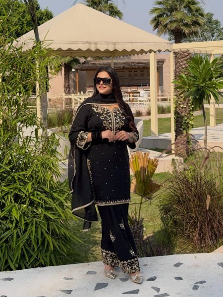 Exclusive Black Party Wear French Crepe Kurti Plazo with Sequin and Zari Embroidery Ready To Wear Collection