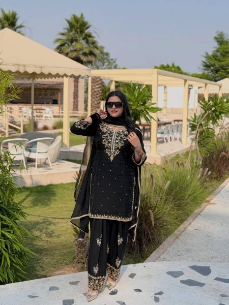 Exclusive Black Party Wear French Crepe Kurti Plazo with Sequin and Zari Embroidery Ready To Wear Collection