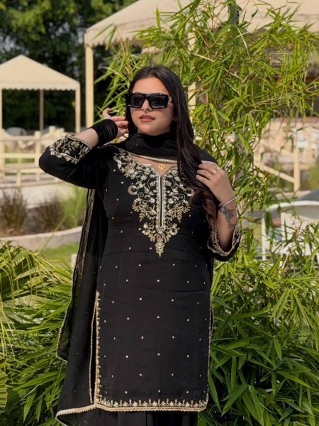 Exclusive Black Party Wear French Crepe Kurti Plazo with Sequin and Zari Embroidery Ready To Wear Collection