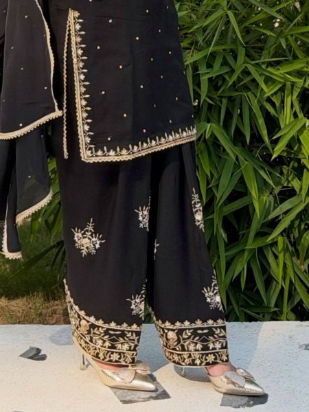 Exclusive Black Party Wear French Crepe Kurti Plazo with Sequin and Zari Embroidery Ready To Wear Collection