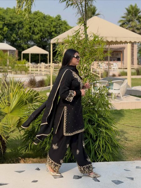 Exclusive Black Party Wear French Crepe Kurti Plazo with Sequin and Zari Embroidery Ready To Wear Collection