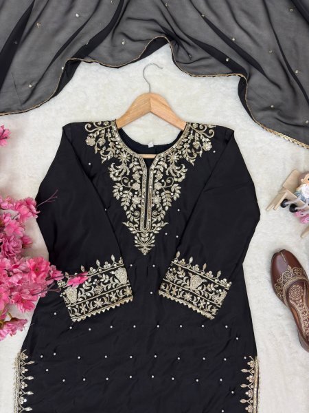 Exclusive Black Party Wear French Crepe Kurti Plazo with Sequin and Zari Embroidery Ready To Wear Collection