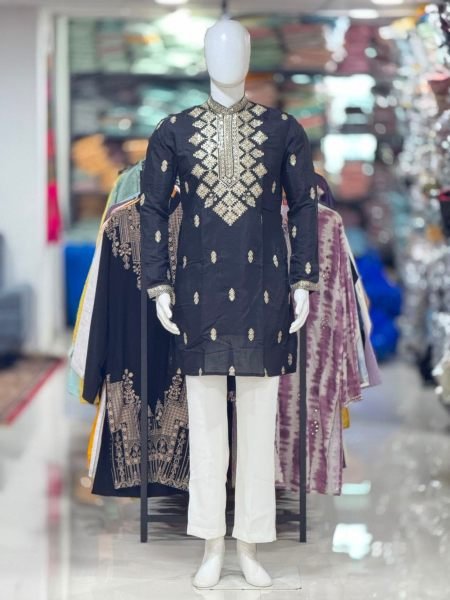 Exclusive Black Wedding Wear Kurta Pajama with Designer Embroidery and Matching Cap 